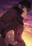  1boy aragaki_shinjirou beanie black_headwear brown_eyes buttons closed_mouth cloud coat evening hair_between_eyes hat isa_(peien516) long_sleeves looking_at_viewer male_focus outdoors persona persona_3 reaching reaching_towards_viewer red_coat sky solo upper_body 