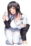  1girl absurdres all_fours black_cardigan black_hair breasts cardigan cleavage highres id_card jewelry large_breasts long_hair looking_at_viewer naughty_face nurse off_shoulder open_mouth original pants raidon red_eyes ring shirt solo stethoscope thigh_gap thighs tongue tongue_out wedding_ring white_pants white_shirt 