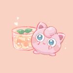  animal_focus blue_eyes blush blush_stickers closed_mouth commentary cup drink drinking_glass food food_focus fruit full_body happy head_tilt heart jigglypuff kinakomochi_(monsteromochi) leaf mint no_humans orange_background peach pokemon pokemon_(creature) simple_background smile solo standing 
