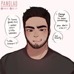  1boy artist_name beard black_eyes black_hair black_shirt commentary dark-skinned_male dark_skin dracko_(panqlao) english_commentary english_text facial_hair highres male_focus original panqlao shirt solo sweatdrop thick_eyebrows upper_body watermark 