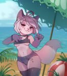  anthro breasts canid canine clothing detailed_background female fox hair hi_res kemono legwear looking_at_viewer mammal red_eyes small_breasts smile smiling_at_viewer solo stockings tomaire white_hair 