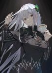  1girl black_capelet black_dress blush breasts brown_eyes bug butterfly butterfly_hair_ornament capelet colored_eyelashes cup dress echidna_(re:zero) green_butterfly hair_between_eyes hair_ornament highres holding holding_cup komura_hiroto looking_at_viewer medium_breasts re:zero_kara_hajimeru_isekai_seikatsu simple_background smile striped striped_dress teacup vertical-striped_dress vertical_stripes white_hair 