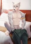  2023 absurd_res anthro athletic athletic_anthro athletic_male bed bottomwear canid clothed clothing dressing fur furniture hair hi_res knci17 male mammal on_bed pants sitting sitting_on_bed solo tail topless topless_anthro topless_male underwear white_body white_fur white_hair 