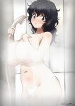  1girl black_hair blue_eyes blush breasts bukkuri collarbone completely_nude convenient_censoring dated girls_und_panzer large_breasts long_hair looking_at_viewer navel nude open_mouth oryou_(girls_und_panzer) plump showering solo steam steam_censor 