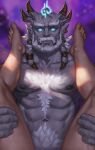  ambiguous_gender beard blizzard_entertainment blue_eyes chest_tuft draenei duo facial_hair feet hi_res holding_both_legs horn human humanoid interspecies male male/ambiguous mammal maragondi mustache navel nipples sex tuft warcraft 
