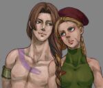  1boy 1girl 2011 artist_request beret blonde_hair blue_eyes braid brown_hair cammy_white clip_studio_paint_(medium) closed_mouth gosanta0615 green_leotard grey_background hat jpeg_artifacts leotard long_hair looking_at_another scar scar_on_cheek scar_on_face single_braid street_fighter topless topless_male vega_(street_fighter) 
