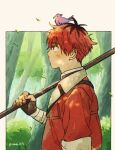 1boy animal_on_head bandaged_arm bandages bird black_gloves black_hair closed_mouth coat commentary_request comori56 fingerless_gloves forest from_side gloves holding holding_weapon leaf looking_up male_focus multicolored_hair nature on_head outdoors profile red_coat red_hair short_hair solo sousou_no_frieren standing stark_(sousou_no_frieren) tree twitter_username two-tone_hair upper_body weapon 
