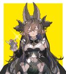  1girl :o animal animal_ears black_dress breasts brown_hair cat closed_eyes cross_tie detached_sleeves dress ewiyar_(granblue_fantasy) galleon_(granblue_fantasy) glint gloves granblue_fantasy hair_between_eyes hair_ornament holding holding_animal horns iwashi_(morpho000) large_breasts long_hair multicolored_hair pet_nail_clippers pointy_ears streaked_hair upper_body white_gloves 