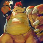  2023 anthro apfelskai armband big_muscles black_background bowser bowser_day bracelet claws collar eyebrows featureless_crotch hair hi_res horn jewelry koopa looking_at_viewer looking_down looking_down_at_viewer low-angle_view macro male mario_bros musclegut muscular muscular_anthro muscular_male nintendo nude scalie shell signature simple_background smile solo spiked_armband spiked_bracelet spiked_collar spikes standing star teeth 