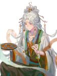  1boy bingzhen_yugao bishounen chinese_clothes closed_mouth facial_mark forehead_mark half_updo highres holding holding_paintbrush holding_palette long_hair long_sleeves male_focus nai_tang_guo_zi_yu paintbrush palette_(object) red_eyes solo the_tale_of_food white_background white_hair 