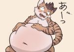  anthro belly big_belly felid feline felis fur hand_on_stomach huge_belly male mammal navel overweight overweight_anthro overweight_male pancak3 pantherine sitting striped_body striped_fur stripes text tiger 