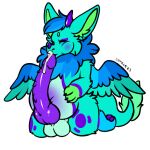  1:1 alpha_channel anthro balls blush bodily_fluids dragon feathered_wings feathers fur genitals horn inflation mane oral penis solo symrea wings 