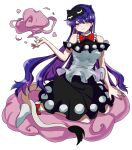  1girl bare_shoulders black_skirt blue_hair bow bowtie closed_mouth commentary_request doremy_sweet footwear_bow full_body hair_horns highres long_hair looking_at_viewer mask mask_on_head oyatu_yatu pom_pom_(clothes) purple_eyes red_bow red_bowtie shirt simple_background sitting skirt sleep_mask smile socks solo tail tapir_tail touhou white_background white_shirt white_socks 