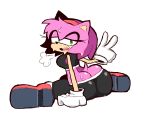  2022 amy_rose anthro bodily_fluids breasts clothing eks-out eulipotyphlan female footwear gesture gloves green_eyes handwear hedgehog hi_res looking_at_viewer looking_back looking_back_at_viewer mammal open_mouth sega simple_background sitting solo sonic_the_hedgehog_(series) sweat v_sign white_background 