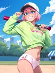  1girl baseball_bat baseball_cap blue_eyes blue_sky cherry_panties cloud day green_hoodie grin hat holding holding_baseball_bat hood hoodie navel original outdoors panties pink_hair print_hoodie ronindude short_hair sky smile solo teeth underwear white_panties 