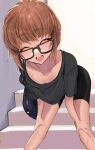  1boy ^_^ black_shirt black_shorts brown_hair closed_eyes collarbone facing_viewer glasses highres leaning_forward male_focus open_mouth original otoko_no_ko shirt short_sleeves shorts smile solo stairs standing w_(1999_kyu) 