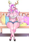  anthro bottomwear breasts capreoline cleavage clothed clothing crossed_legs cutoffs daisy_dukes deer denim denim_clothing female hair hi_res hotpants luvon mammal panties pink_body purple_hair reindeer shorts sitting solo thick_thighs underwear 