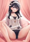  1girl absurdres azur_lane black_hair black_scrunchie black_shirt black_shorts blue_eyes bow bow_hairband breasts classic_(zildjian33) cleavage collarbone commentary_request curtains feet_out_of_frame gridman_universe hair_behind_ear hairband head_tilt highres hood hoodie knees_up legs light_blush long_hair looking_at_viewer medium_breasts open_mouth pillow scrunchie shirt short_shorts shorts sitting smile solo spread_legs ssss.gridman sweat sweatdrop takarada_rikka takarada_rikka_(bedroom_attire) thighs white_bow white_hairband white_hoodie 