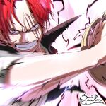  1boy clenched_teeth coat coat_on_shoulders facial_hair glaring haki highres holding holding_sword holding_weapon incoming_attack looking_at_viewer male_focus one_piece parted_bangs red_eyes red_hair scar scar_across_eye serious shanks_(one_piece) signature sleeves_rolled_up solo sword tacchan56110 teeth weapon 