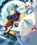  1boy blush breath cetitan cetoddle green_eyes green_hair green_pants grusha_(pokemon) hand_up jacket long_sleeves maji_obasan male_focus mittens pants parted_lips pokemon pokemon_(creature) pokemon_(game) pokemon_sv scarf striped striped_scarf yellow_jacket 