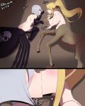  arachnid arachnid_taur arthropod arthropod_taur big_breasts blonde_hair blue_eyes blush blush_lines bone breasts brown_body brown_fur butt centaur centorea_shianus_(monster_musume) comic comic_panel duo equid equid_taur exhausted eye_contact female female/female fur grey_hair hair hi_res humanoid_taur kissing laying_on_ground long_hair looking_at_another mammal mammal_taur monster_girl_(genre) monster_musume multi_eye nipples onomatopeoia ponytail rachnera_arachnera_(monster_musume) red_eyes red_sclera side_boob skull spider spider_taur taur thehumancopier time_skip 