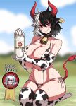  1girl animal_ears animal_print bell bikini black_hair blurry blurry_background blush bottle breasts collar cow_ears cow_girl cow_horns cow_print cow_tail cowbell elbow_gloves formicid full_body gloves heart heart-shaped_pupils highres holding holding_bottle horns huge_breasts kneeling logo looking_at_viewer messy_hair milk_bottle multicolored_hair multicolored_thighhighs outdoors red_eyes red_horns smile solo sweat swimsuit symbol-shaped_pupils tail thick_thighs thighhighs thighs touhou toutetsu_yuuma two-tone_hair ushizaki_urumi white_hair 