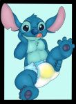  2019 4_toes absurd_res alien big_ears black_border blue_background blue_body blue_claws blue_eyes blue_fur blue_nose blue_pawpads border bulge chest_tuft claws diaper disney experiment_(lilo_and_stitch) feet fingers fur hand_on_face hand_on_leg head_tuft hi_res lilo_and_stitch looking_at_viewer male navel notched_ear outside_border pawpads pukaa raised_leg simple_background smile solo stitch_(lilo_and_stitch) toes tongue tongue_out tuft 