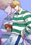  1boy ball blonde_hair dio_brando ear_birthmark hand_on_own_hip hatoyama_itsuru holding holding_ball jojo_no_kimyou_na_bouken large_pectorals pectorals phantom_blood red_eyes screentones shirt shorts soccer solo striped striped_shirt striped_shorts tight tight_shirt vertical-striped_shorts vertical_stripes zoom_layer 