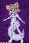  absurd_res anthro blossomblaze canid canine canis chest_fur fan_character female freckles genitals hair hi_res humanoid hybrid long_ears looking_at_viewer mammal nipples open_mouth pink_eyes pose pussy short_hair solo spread_arms spread_legs spreading wolf 
