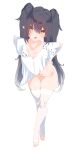  1girl black_hair blush bottomless breasts crossed_legs detached_sleeves fang full_body highres kz_oji leaning_forward long_hair open_mouth original pointy_ears shirt simple_background skin_fang skindentation slit_pupils small_breasts smile solo standing thigh_gap thighhighs toeless_legwear toes twintails watson_cross white_background white_shirt white_thighhighs yellow_eyes 