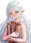  1girl dress elf frieren green_eyes highres holding holding_scroll kein_hasegawa looking_at_viewer pointy_ears scroll sousou_no_frieren white_background white_dress white_hair 
