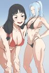  2girls bikini black_bikini black_hair blue_hair blunt_bangs breasts brown_eyes cleavage closed_mouth collarbone hair_in_own_mouth hand_on_own_hip highres iori_utahime jujutsu_kaisen large_breasts leaning_forward light_blue_hair long_hair looking_at_viewer loose_hair_strand low_twintails makkori_(utoxrjimlx8x49s) mei_mei_(jujutsu_kaisen) multiple_girls navel open_mouth ponytail red_bikini simple_background smile swimsuit twintails 