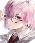  1girl adjusting_eyewear black-framed_eyewear black_shirt collared_shirt commentary_request dated fate/grand_order fate_(series) glasses grey_jacket hair_over_one_eye highres hood hood_down hooded_jacket jacket light_purple_hair looking_at_viewer mash_kyrielight necktie okarun one_eye_covered open_clothes open_jacket purple_eyes red_necktie shirt short_hair signature simple_background solo upper_body white_background 