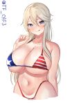  1girl american_flag_bikini bare_shoulders bikini blonde_hair blue_bikini blue_eyes breasts collarbone covered_nipples flag_print hair_between_eyes hand_up highleg highleg_bikini highres huge_breasts iowa_(kancolle) kantai_collection licking_lips long_hair looking_at_viewer multicolored_bikini multicolored_clothes navel one-hour_drawing_challenge red_bikini simple_background skindentation solo star-shaped_pupils star_(symbol) string_bikini swimsuit symbol-shaped_pupils tf_cafe tongue tongue_out twitter_username underboob very_long_hair white_background white_bikini 