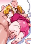  anthro biped blonde_hair blush butt clothed clothing cover_art duo eyebrows female female_focus fingers hair human kemono larger_human mammal murid murine nakagami_takashi open_mouth pawpads pink_clothing pink_pawpads rodent size_difference smaller_anthro solo_focus tail whiskers 