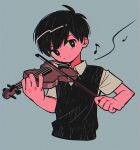  1boy black_eyes black_hair black_sweater_vest blue_background bright_pupils closed_mouth cropped_torso fingernails highres holding holding_bow_(music) holding_instrument holding_violin instrument looking_at_viewer male_focus menma_(enaic31) music musical_note omori playing_instrument shirt short_hair short_sleeves simple_background solo sunny_(omori) sweater_vest white_pupils white_shirt 