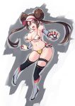  1girl arniro111 bikini blue_eyes breasts brown_hair cleavage detached_sleeves double_bun doughnut_hair_bun hair_bun highres holding holding_poke_ball large_breasts long_hair looking_at_viewer navel open_mouth poke_ball poke_ball_(basic) pokemon pokemon_(game) pokemon_bw2 rosa_(pokemon) simple_background smile solo swimsuit thigh_strap thighhighs thighs twintails visor_cap 