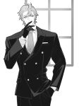  1boy achilles_(fate) breast_pocket collared_shirt cowboy_shot fate/grand_order fate_(series) gloves hand_in_pocket hand_to_own_mouth haruakira highres long_sleeves looking_to_the_side male_focus mature_male monochrome necktie pants pocket shirt short_hair solo suit_jacket tie_clip window 