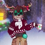  3_fingers antlers beverage bottomwear brown_body brown_fur brown_nose candy capreoline catballlemon chocolate christmas christmas_clothing christmas_lights christmas_ornament christmas_stocking christmas_tree clothing countershading deer dessert dolph_(fortnite) epic_games eyewear fingers food fortnite fur hi_res holding_object holidays horn hot_chocolate male mammal mug pants plant reindeer smile solo sunglasses sweater text topwear tree 