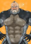  1boy abs bald_spot bara bare_pectorals blush bodysuit bullbuster cowboy_shot facial_hair goatee highres huge_eyebrows huge_pectorals looking_at_crotch male_focus male_pubic_hair mature_male muscular muscular_male mustache mutou_ginnosuke nipples old old_man out-of-frame_censoring pectorals pubic_hair revealing_clothes sanpaku shigetashigezo solo steaming_body strongman_waist sweat thick_beard thick_eyebrows very_sweaty wrinkled_skin 