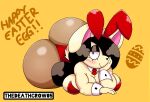  anthro big_butt black_hair blush breasts bunny_costume butt canid canine canis clothing costume domestic_dog easter egg fake_ears fake_rabbit_ears female hair hi_res holidays huge_butt lilith_(thedeathcrow05) mammal one_eye_obstructed solo thedeathcrow05 yellow_body 
