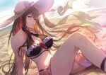  1girl backlighting bare_shoulders beach bikini black_bikini blush breasts brown_hair cleavage criss-cross_halter flower granblue_fantasy hair_between_eyes halterneck highres kakage knee_up large_breasts looking_at_viewer navel ocean official_alternate_costume open_mouth purple_flower purple_rose rose rosetta_(granblue_fantasy) rosetta_(summer)_(granblue_fantasy) sand sarong sitting solo sunlight swimsuit thighs 