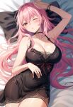  1girl arm_up bare_shoulders black_choker black_nightgown breasts choker cleavage collarbone hololive hololive_english large_breasts looking_at_viewer mori_calliope nightgown official_alternate_costume one_eye_closed pajamas parted_lips pink_eyes pink_hair red_lips sebu_illust solo tagme virtual_youtuber 