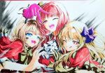  3girls :3 ;d arima_kana ascot blonde_hair blue_eyes bob_cut capelet closed_mouth collared_shirt commentary demon_horns earpiece fake_horns fangs frilled_gloves frills gloves hat heart heart_hands heart_hands_duo horns hoshino_ruby inverted_bob long_hair looking_at_viewer marker_(medium) medium_hair memcho mini_hat mini_top_hat multiple_girls no_pupils one_eye_closed one_side_up open_mouth oshi_no_ko pink_gloves red_brooch red_capelet red_eyes red_hair red_shirt shirt short_hair sidelocks smile star-shaped_pupils star_(symbol) symbol-shaped_pupils teeth tongue tongue_out top_hat traditional_media upper_body upper_teeth_only urumashi-03301980 v white_ascot yellow_gloves 