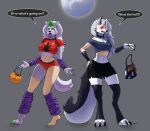  absurd_res anthro badroy canid canid_demon canine canis clothing costume_transformation demon duo female five_nights_at_freddy&#039;s five_nights_at_freddy&#039;s:_security_breach halloween hellhound helluva_boss hi_res holidays legwear lips loona_(helluva_boss) mammal midriff red_eyes roxanne_wolf_(fnaf) scottgames steel_wool_studios stockings surprised_expression thick_lips transformation transformation_through_magic wolf 