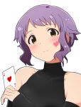 1girl ace_of_hearts black_shirt blush card collarbone commentary_request detached_sleeves hand_up heart heart_stickers highres holding holding_card homco idolmaster idolmaster_million_live! looking_at_viewer makabe_mizuki purple_hair shirt short_hair sidelocks sleeveless sleeveless_shirt smile solo sticker_on_face upper_body wavy_hair white_background yellow_eyes 