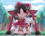  1girl :o arm_at_side arm_up ascot between_fingers blush bow brown_eyes brown_hair chibi cloud commentary_request day detached_sleeves fisheye frilled_bow frilled_hair_tubes frilled_shirt_collar frills from_below full_body hair_bow hair_tubes hakurei_reimu hakurei_shrine highres holding legs_apart long_hair long_sleeves looking_to_the_side midriff_peek ofuda open_mouth outdoors parted_bangs ramudia_(lamyun) red_bow red_skirt red_vest serious shadow skirt skirt_set sleeves_past_fingers sleeves_past_wrists solo standing thighhighs torii touhou tree v-shaped_eyebrows vest white_thighhighs wide_sleeves yellow_ascot 