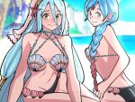  2girls ass azura_(fire_emblem) bare_shoulders blue_hair blurry blurry_background blush braid breasts cleavage closed_mouth collarbone fire_emblem fire_emblem_fates groin hair_between_eyes light_blue_hair lilith_(fire_emblem) long_hair medium_breasts mnejing30 multiple_girls navel pointy_ears red_hair seashell shell shell_bikini sitting small_breasts smile split_mouth veil very_long_hair 