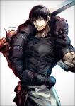  1boy :d artist_name black_hair black_pants black_shirt clothes_around_waist commentary_request cowboy_shot fushiguro_touji grin holding holding_sword holding_weapon jacket jacket_around_waist jujutsu_kaisen k-suwabe long_bangs looking_at_viewer male_focus muscular muscular_male open_hand open_mouth pants reaching reaching_towards_viewer shirt short_hair short_sleeves sidelocks simple_background smile solo sword t-shirt teeth weapon white_background white_jacket wispy_bangs 