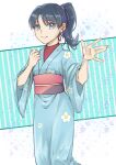  1girl ayan_ip black_hair commentary_request earrings eyelashes floral_print green_eyes green_kimono hands_up highres japanese_clothes jewelry kimono kris_(pokemon) parted_lips pokemon pokemon_adventures ponytail red_shirt sash shirt smile solo 